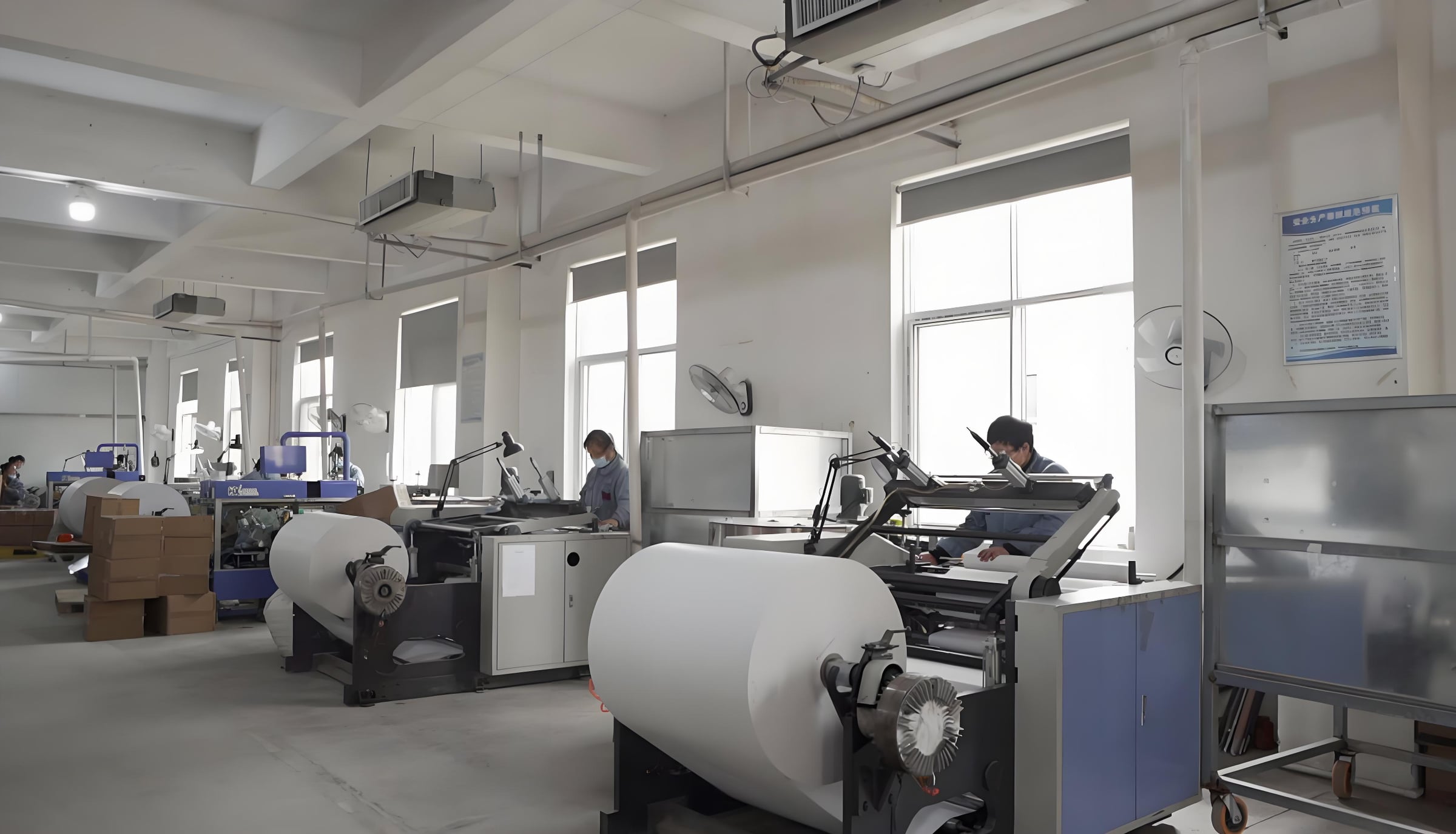 Thermal paper roll slitting and rewinding production line